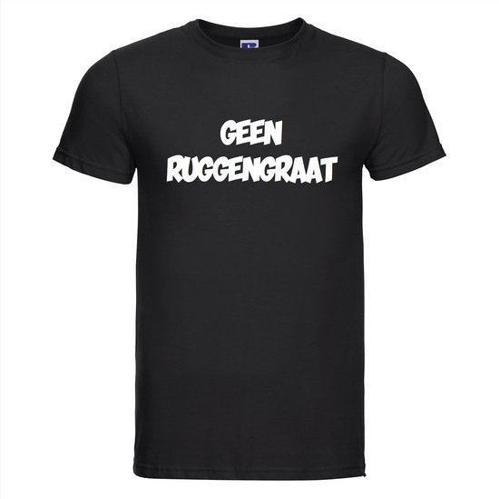 Zwart katoenen T-shirt met de witte tekst 'GEEN RUGGENGRAAT' in stripboekstijl.