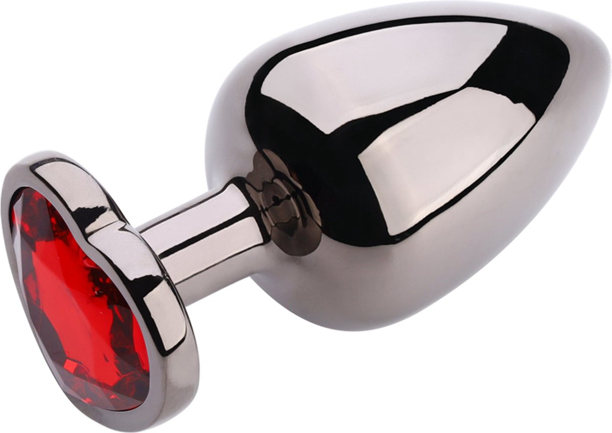 PLGZ - Hartvormige Metalen Buttplug - Zwart Metallic - Rode Siersteen - Verkrijgbaar in 3 maten Small