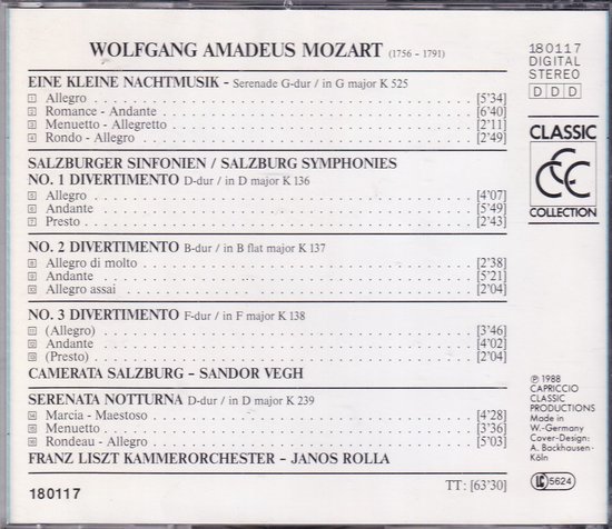 CD hoes van Mozart. Titel: Eine Kleine Nachtmusik, Salzburger Sinfonien, Serenata Notturna. Dirigenten: Sandor Vegh, Janos Rolla.