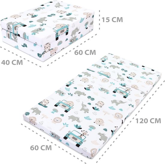 DREAMDI Opvouwbare reisbedmatras, 120 x 60 cm, schuimmatras, dikte 5 cm, opvouwbaar, parkbedmatras, 3-delig