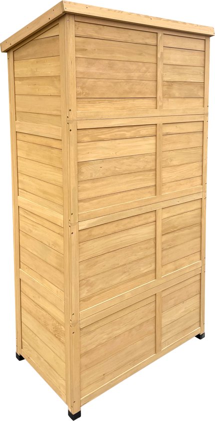 Achter-zijaanzicht van een houten berging met schuin dak en horizontale lamellen.