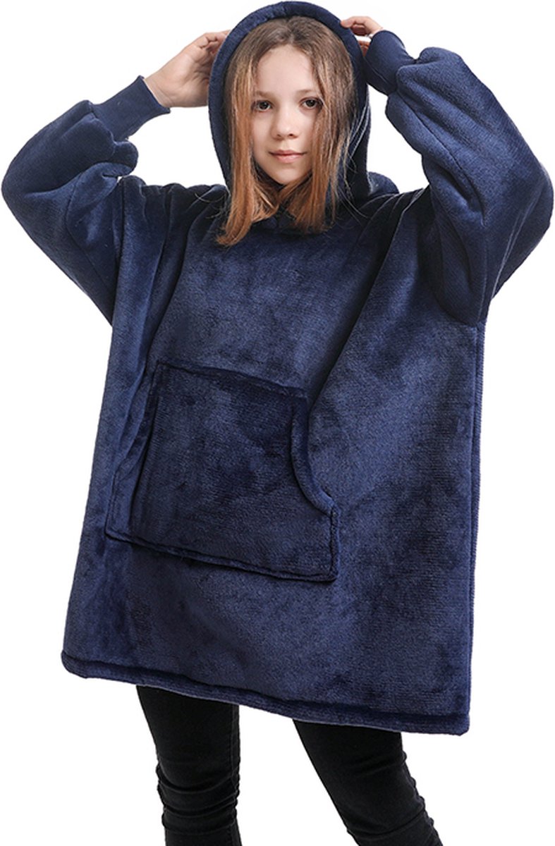 Hoodie Deken Kind - Deken met Mouwen voor Kinderen - super zacht - Fleece Deken met Mouwen - 134 t/m 164 (ca. 8-14 jaar) - Blauw