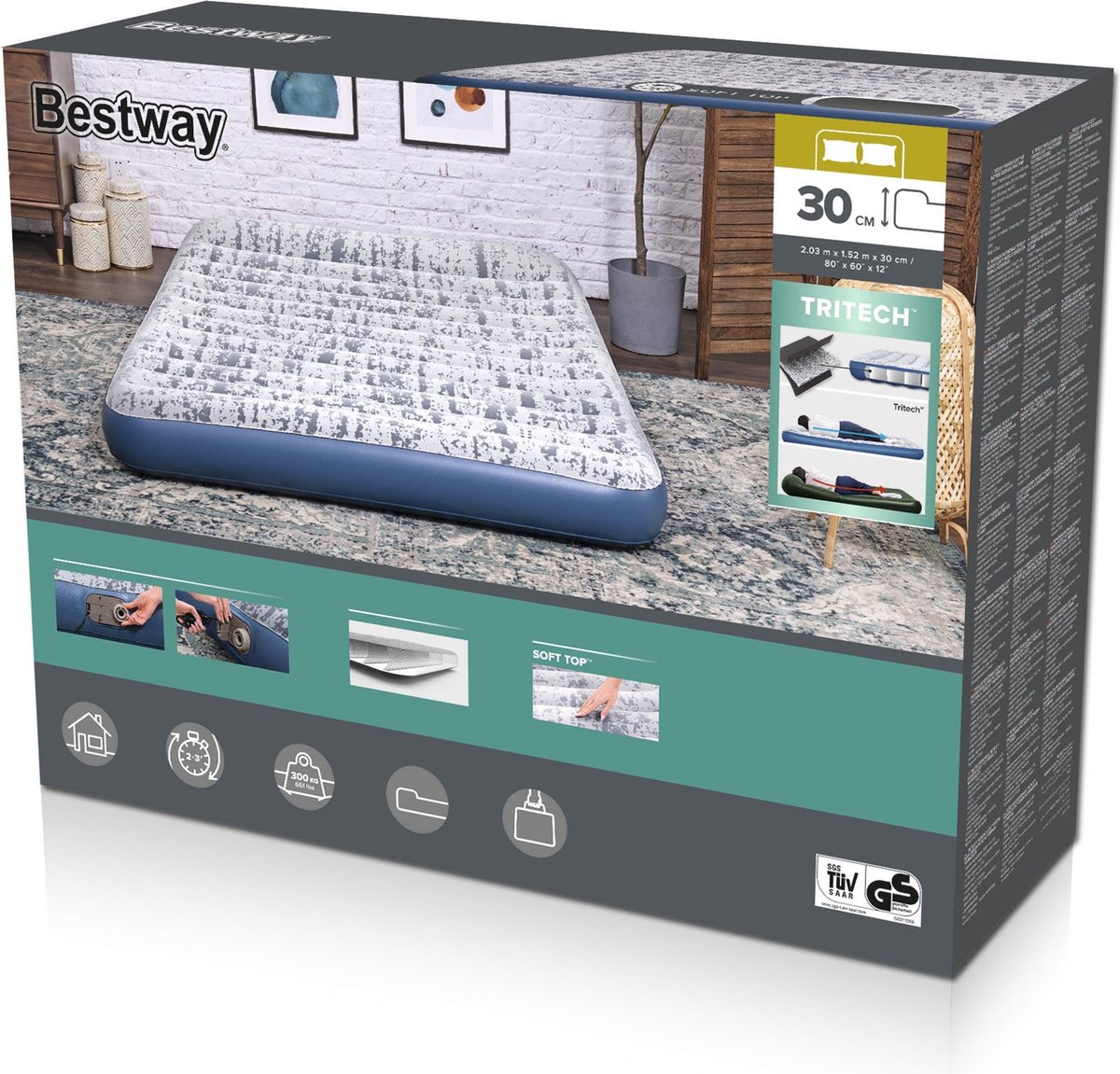Tritech Fashion Flock Queen Luchtmatras met Ingebouwde AC Pomp en Antimicrobiële Coating 2,03 mx 1,52 mx 30 cm