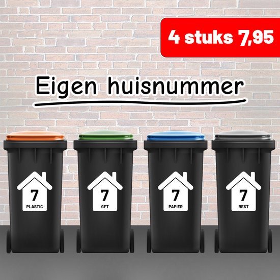 Foto: Containerstickers vier stuks voor 7 95 uv waterproof kliko stickers voordeelset cijfer stickers 1234567890 16cm breed 18cm hoog huisje met huisnummer en tekst plastic papier gft en restafval klikostickers