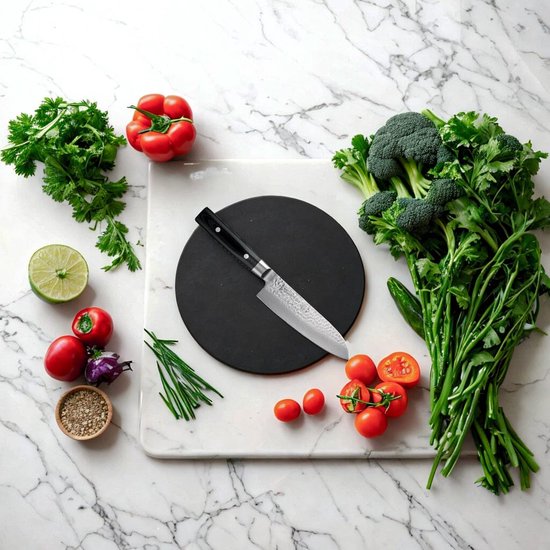 Yaxell Japonais - Série Zen - Couteau de Chef Santoku - Acier VG-10 - 61 HRC - Lame 16,5 cm - Acier Damas 37 Couches - Manche Toile-Micarta