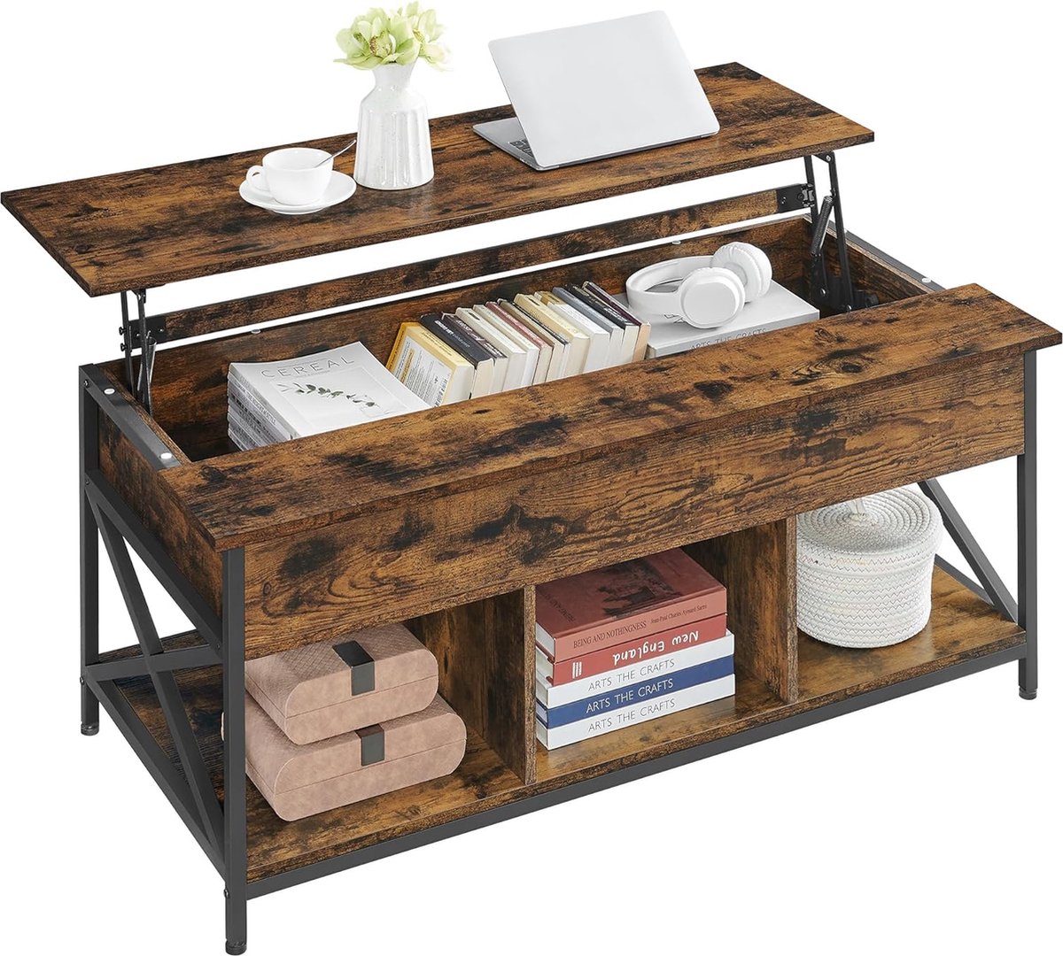 FurnStar - Salontafel - In Hoogte Verstelbare Woonkamertafel - Koffietafel - Open En Verborgen Opbergruimte - 60 X 120 X (48-62) Cm - Vintage Bruin-Zwart