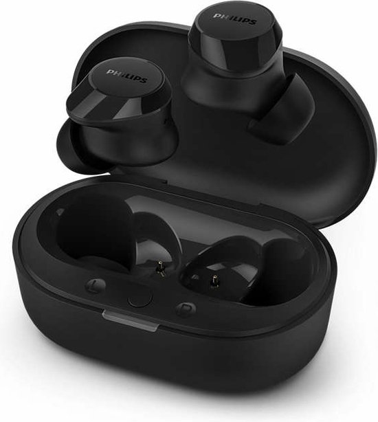 Zwarte Philips oordopjes met oplaadcase. De oordopjes en case zijn glanzend zwart.
