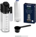Accessoires voor De'Longhi koffiemachines: melkreservoir, waterfilter en ontkalkingsmiddel.