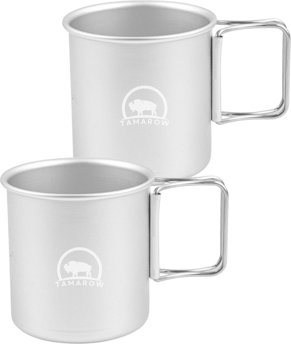 Tamarow RVS Camping Mok Set - 300ml - Campingbeker - Drinkbeker - Uitklapbare Kampeer Mokken - Zilver - Set van 2