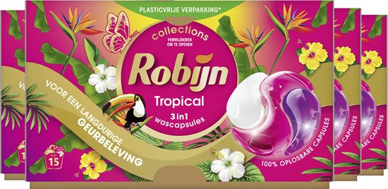 Vier dozen Robijn Tropical wascapsules op een rij, met tropische bloemen, bladeren en een toekan.