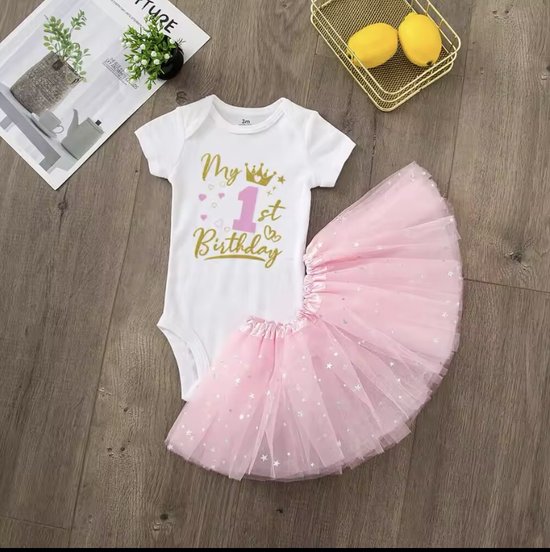 Foto: Verjaardag outfit meisje 1 jaar birthday dress maat 80 86 eerste verjaardag romper tutu rok verjaardagsjurk jurk voor eerste verjaardag baby 1 jaar jurk feestjurk kleur roze goud hoera 1 jaar verjaardag jurk dochter