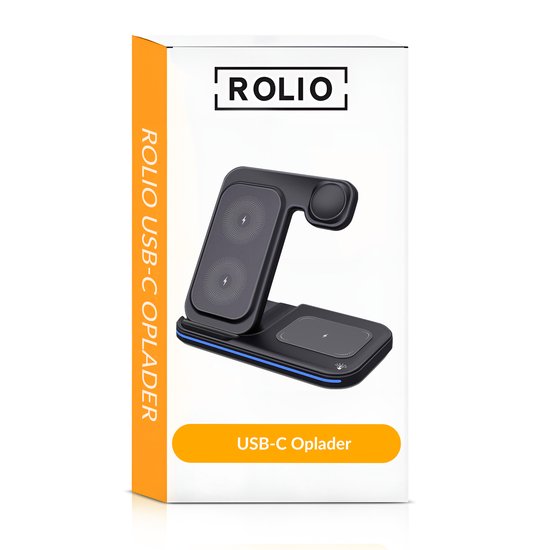 Zwarte Rolio 3-in-1 USB-C oplader in verpakking met tekst 'Rolio USB-C Oplader'.