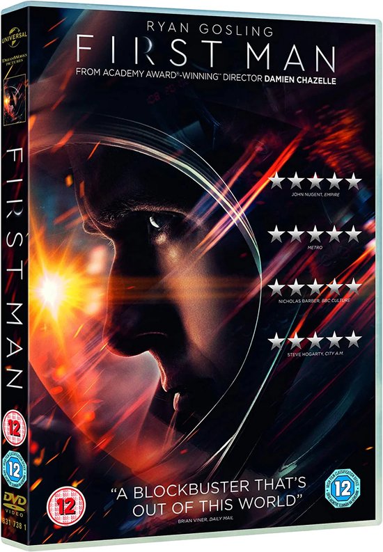 De dvd-hoes toont een astronaut in helm met vlammende oranje en gele gloed, met de titel 'First Man'.