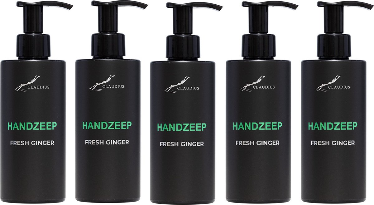 Goedkoopste Handzeep Fresh Ginger 300 ml - met pomp - zwarte fles - set van 5 stuks - Voordeelverpakking