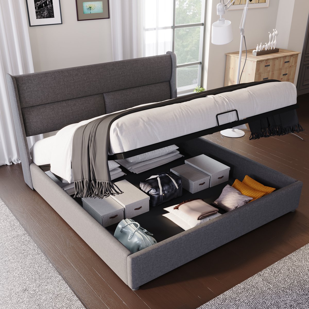 Sweiko Gestoffeerd Tweepersoonsbed met Verstelbare Hoofdsteun, Opbergbedlinnen bedstead jeugdbed 140x200cm, met Flat noedles frame Grijs (Geen matras)