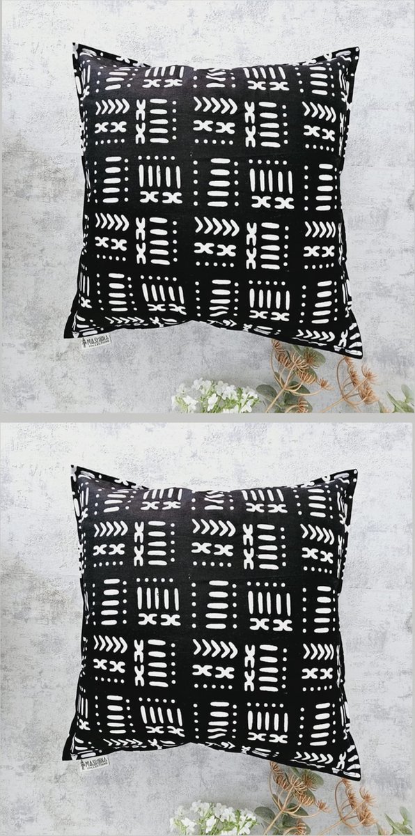Mashona Collections Set van 2 Kussenhoes | 40x40 | Decoratieve Kussensloop | Sierkussens | Afrikaanse Boheemse Stijl Geometrische 'Mudcloth' Bogolan Geïnspireerd Print Woondecoratie Sierkussen Katoen Etnische Kussenhoes 40x40 Zwart