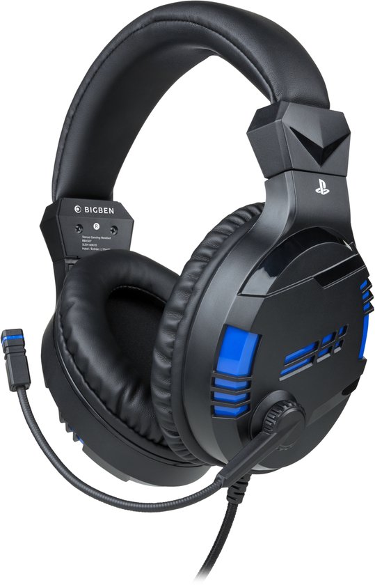 Zwarte en blauwe stereo gaming headset van "BIGBEN" met microfoon, geïsoleerd op witte achtergrond.