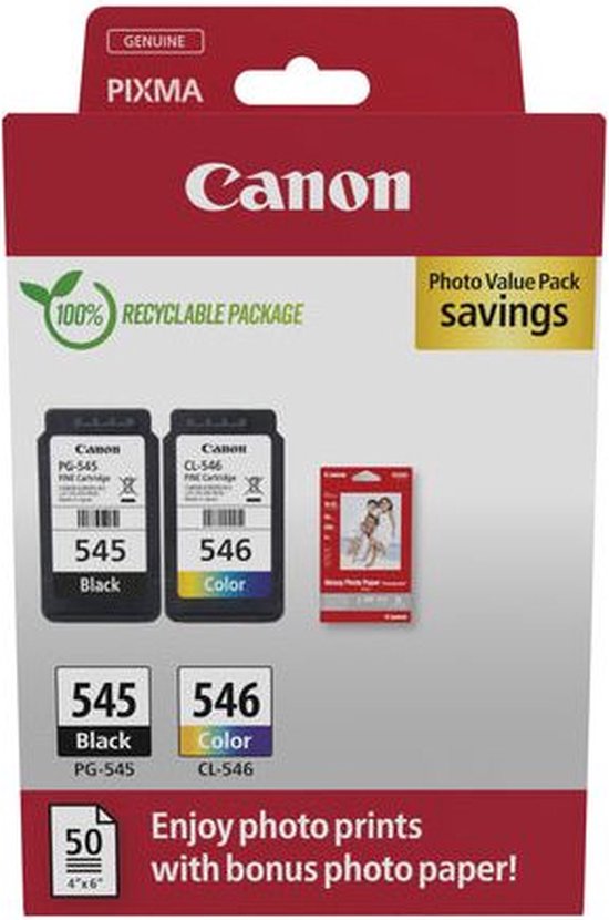 Canon Pixma multipack met zwarte PG-545 en kleurencartridge CL-546. Verpakking met 100% recyclebaar materiaal.