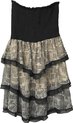 Zwarte strapless jurk met beige en zwarte grafische print en gelaagde rok.