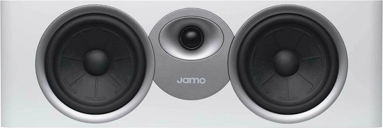 Witte Jamo center-speaker met twee zwarte woofers en centrale tweeter, met zilveren accenten.
