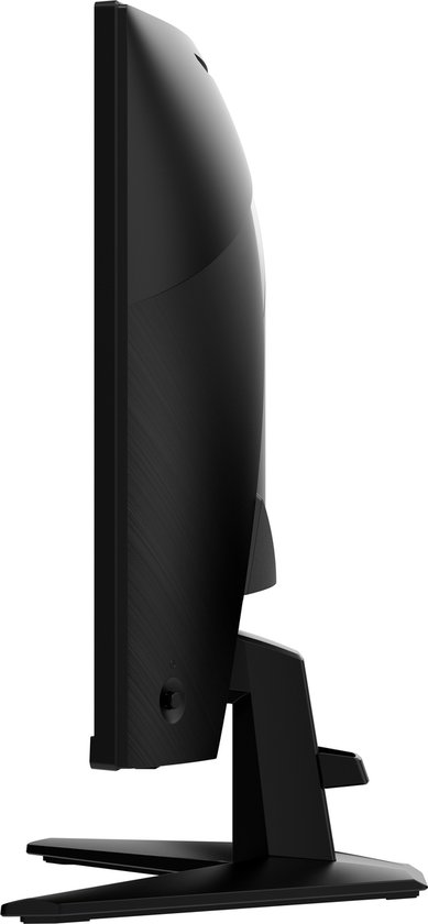 Zijaanzicht van een zwarte gebogen gaming monitor met standaard.