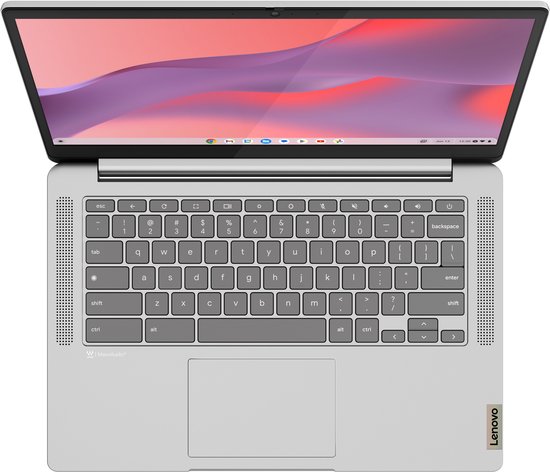 Lenovo IdeaPad Slim 3 Chromebook met een grijs toetsenbord en trackpad, opengeklapt met een roze en paarse wallpaper.