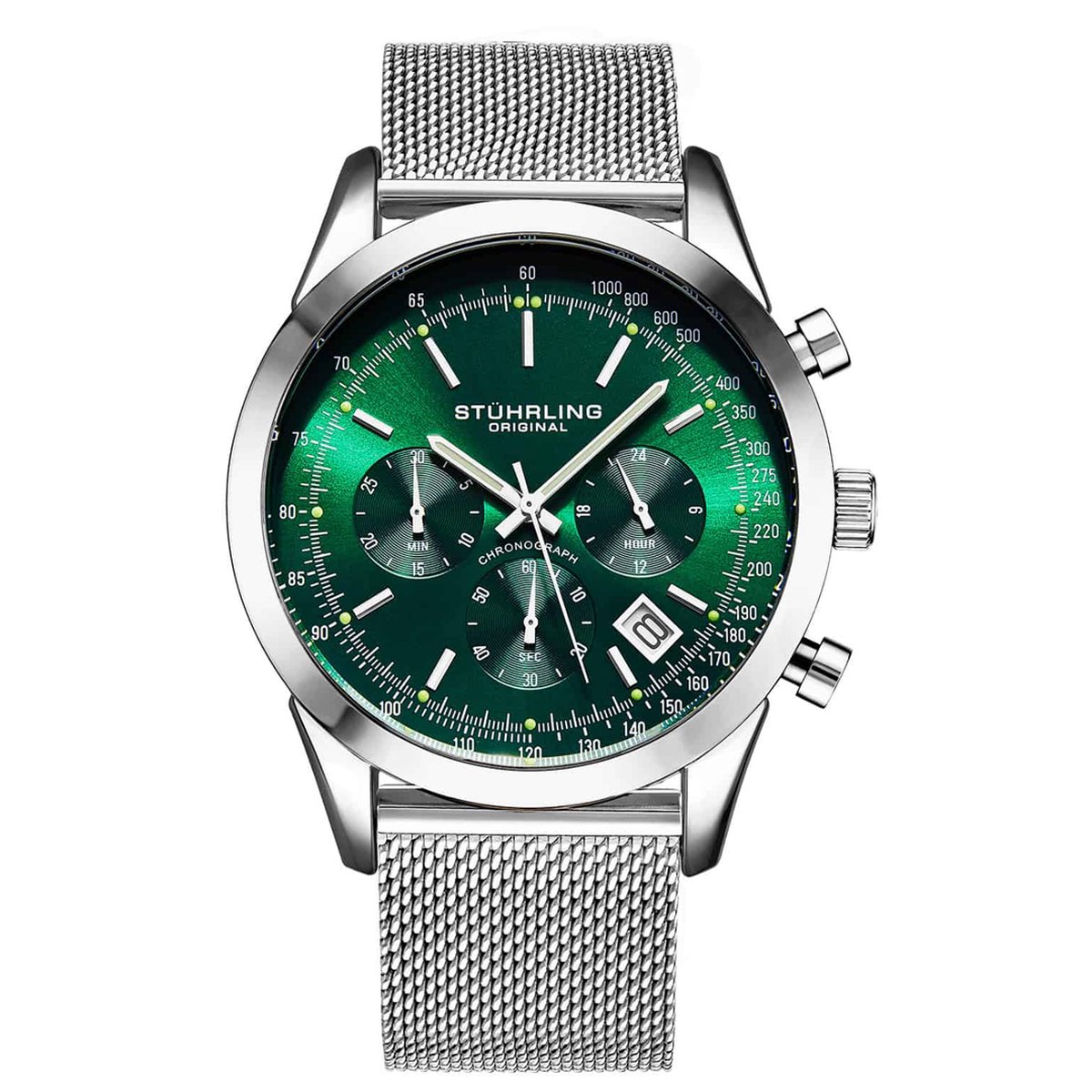 Stührling Rialto 3975 Quartz 44mm Chronograaf Horloge - Groene Wijzerplaat - Waterbestendig 10 ATM - Band van Alligator geprint Leer