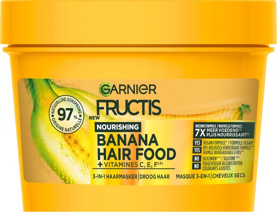 Nouveau masque capillaire nourrissant Garnier Fructis Hair Food banane, 97% d'ingrédients d'origine naturelle et vitamines C, E, F.