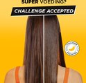 Photo avant et après de cheveux ayant reçu une Super Nutrition. Logo "Challenge Accepted" avec une banane.