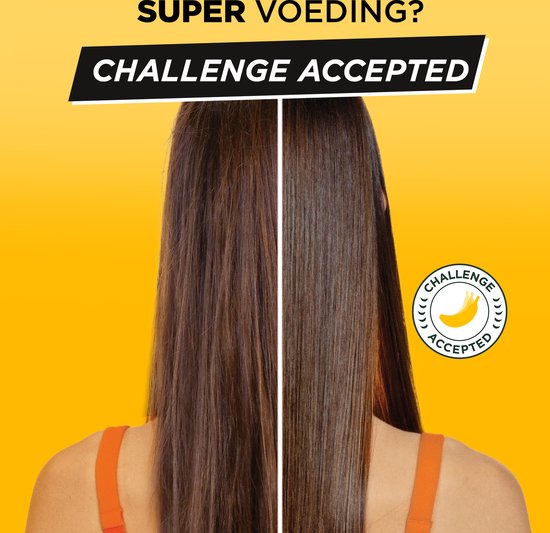Photo avant et après de cheveux ayant reçu une Super Nutrition. Logo "Challenge Accepted" avec une banane.