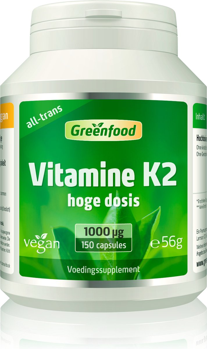 Goedkoopste Greenfood Vitamine K2 (MK7, all-trans), 1000 µg, hoge dosis, 150 capsules. Zonder kunstmatige toevoegingen. Zonder genetische manipulatie. Veganistisch.