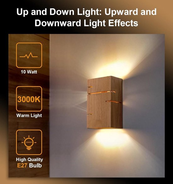 Retro houten wandlamp, stoffen lampenkap, binnen