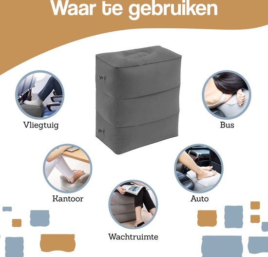 DIVERZA Vliegtuigbedje - Reiskussen - Opblaasbaar - Voetensteun - Voor in het vliegtuig - Trein - Auto - Donker Grijs - Inclusief opbergzak van DIVERZA — afbeelding 2