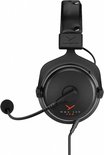 Zwarte gaming headset MMX 300 PRO, met opklapbare microfoon, op zwarte achtergrond.