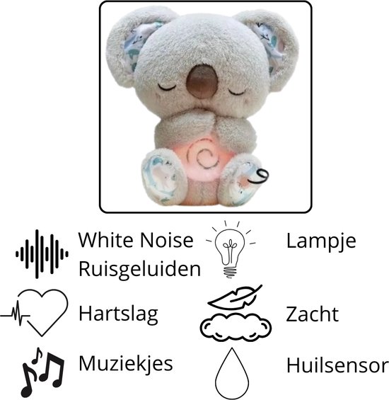 Foto: Hartslag knuffel koala knuffel rustgevende knuffelkoala white noise pluche muziekknuffel witte ruis en rood licht huilsensor heartbeat geluiden baarmoeder geluiden lichtgrijze koala