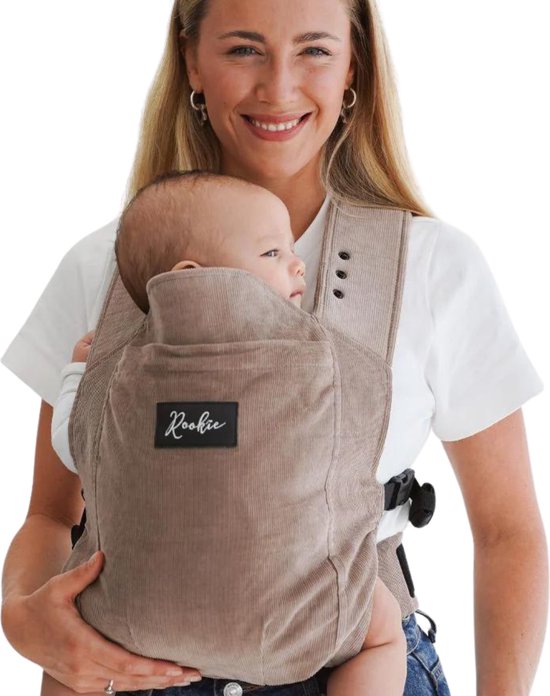 ROOKIE Baby Premium draagzak - Design buikdrager - Comfortabel en ergonomisch - Babydrager vanaf Geboorte - Ook voor Peuter - Biologisch katoen - Super zacht - Unisex: voor mama en papa (Topseller Cord Mocha)