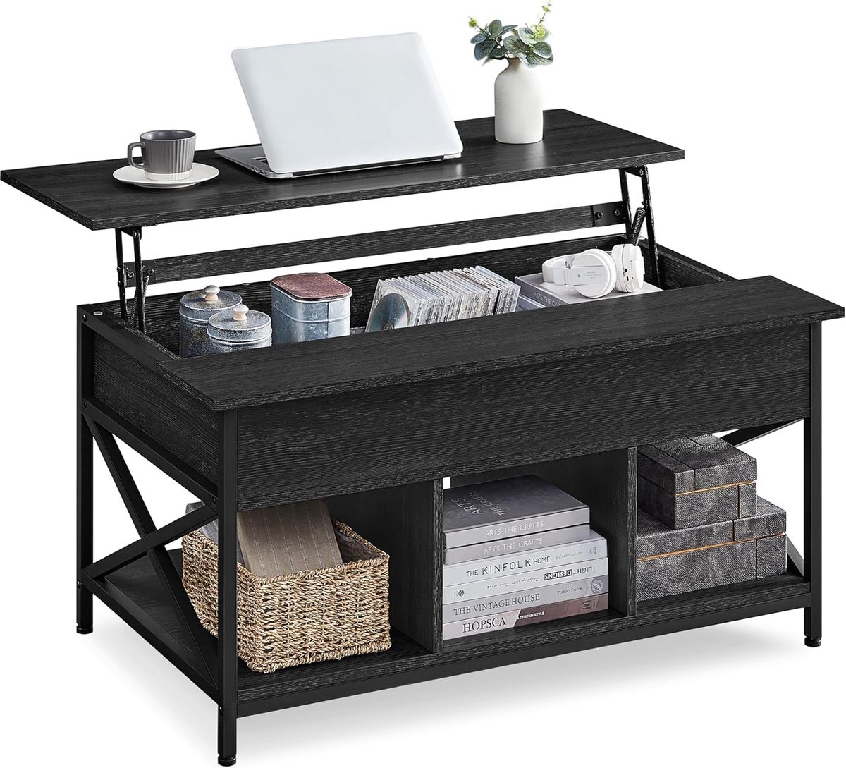 FurnStar - Salontafel - In Hoogte Verstelbare Woonkamertafel - Koffietafel - Open En Verborgen Opbergruimte - 60 X 100 X (48-62) Cm - Antraciet Grijs-Zwart