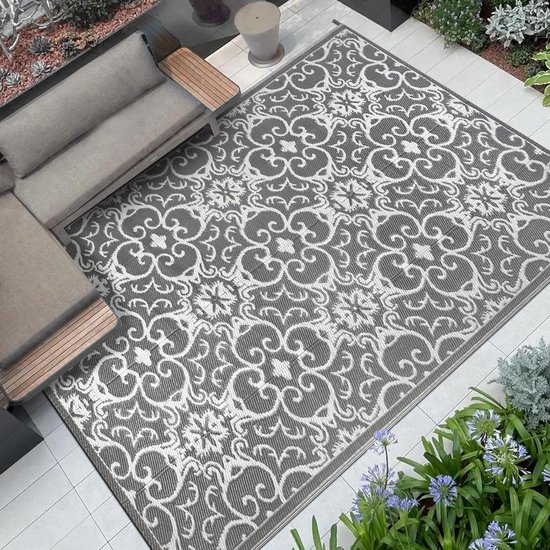 HIHEGD Buitentapijt voor terras, camping, camper, waterdichte omkeerbare mat, kunststof strotapijt voor binnen, buiten, terrasopruiming, veranda, terras, achtertuin, picknick (zwart en wit