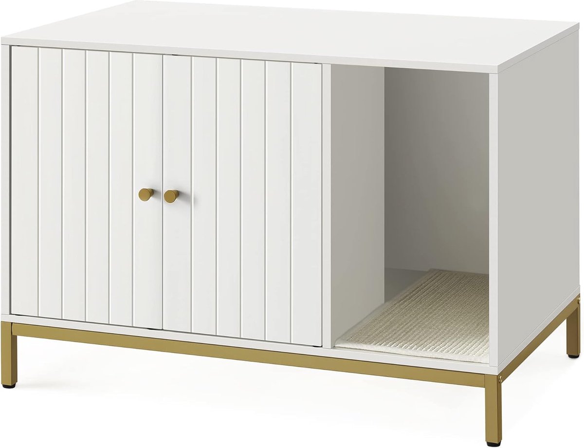 FurnStar - Kattenbak - kattenhuis - kattentoilet - met krabmat - hoge poten - voor katten - bijzettafel - 80 x 50 x 55 cm - wit-goud kleurig