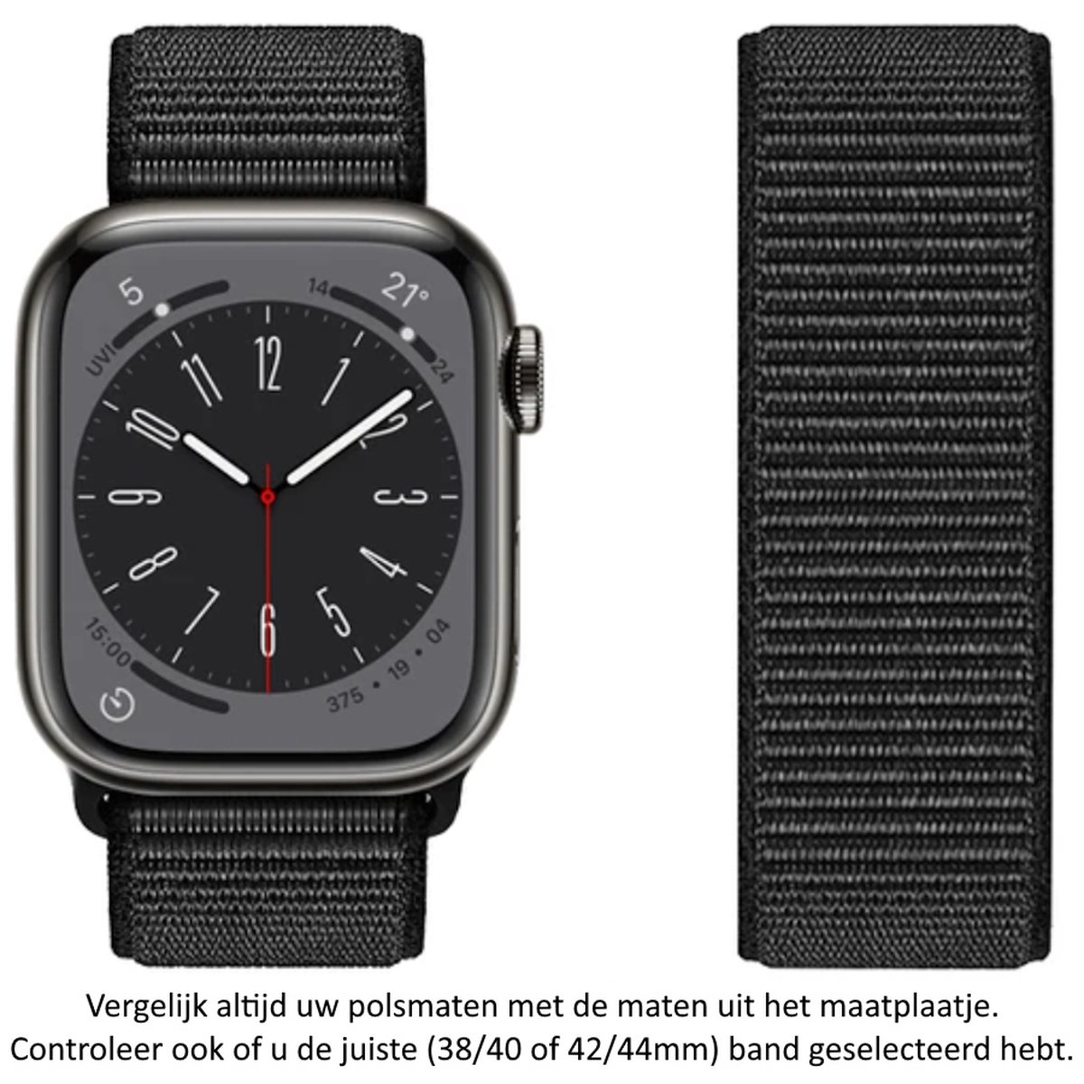 Zwart Nylon Horlogeband geschikt voor Apple Watch 1, 2, 3, 4, 5, 6, 7, 8, SE, 38mm, 40mm 41mm "Vrouwenbreedte" Series Zacht Geweven Nylon 38 mm, 40 mm en 41 mm - black - Maat: zie maatfoto