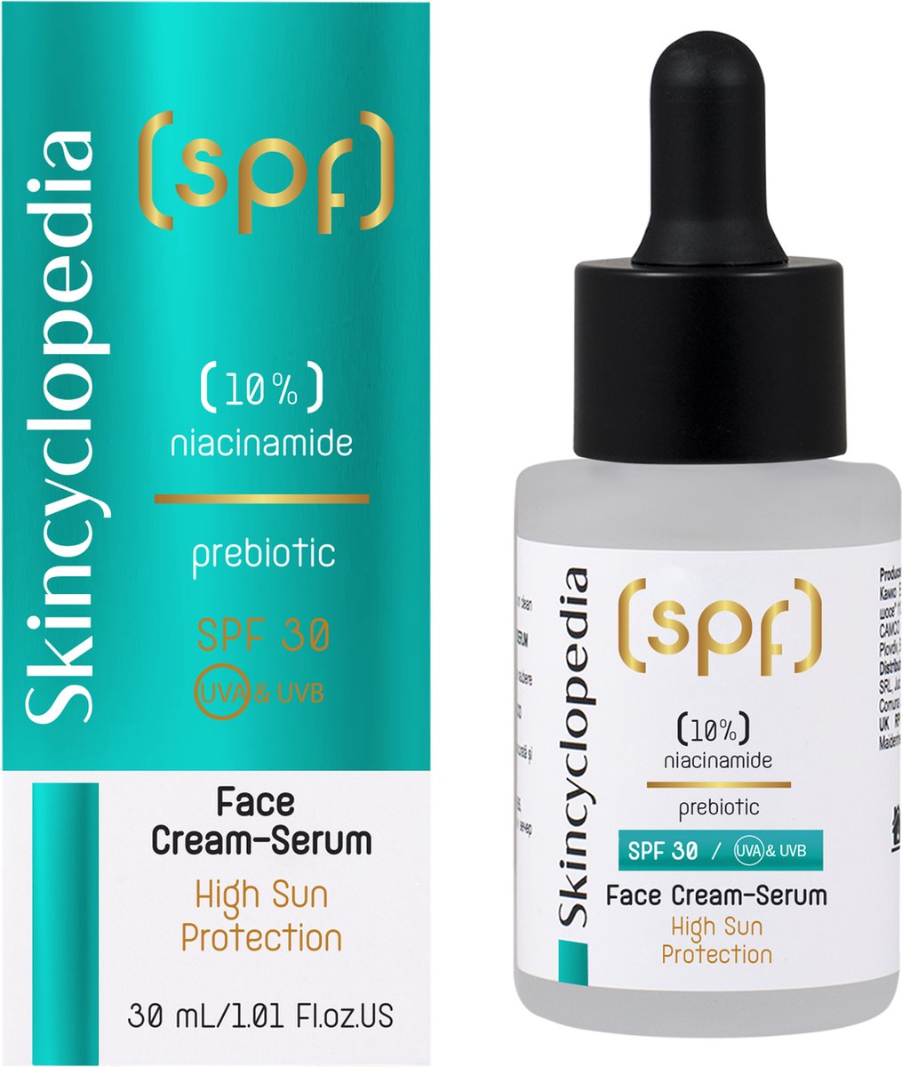 Zonbeschermende Anti-Puistjes Gezichtscrème-Serum SPF 30 – Niacinamide, Zink & Prebioticum – Matterend Complex – Skincyclopedia – 50ml