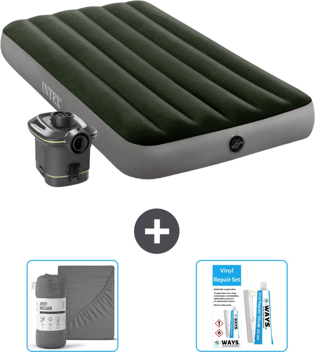 Intex Luchtbed - 1-Persoons - 99 x 191 x 25 cm - Groen - Met pomp + Hoeslaken Antraciet + Reparatieset