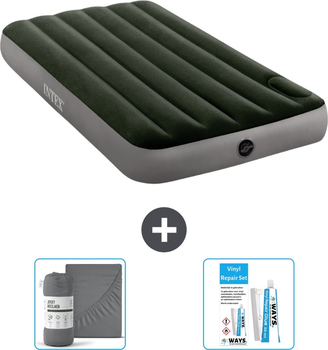 Intex Luchtbedset- 1-Persoons - 99 x 191 x 25 cm - Groen - Met ingebouwde voetpomp + Hoeslaken Antraciet + Reparatieset