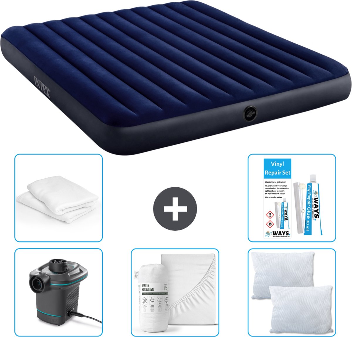 Intex Luchtbed - 2-Persoons - 183 x 203 x 25 cm - Blauw - Inclusief Pomp - Hoeslaken - Kussen - Kussenbeschermer en Reparatieset
