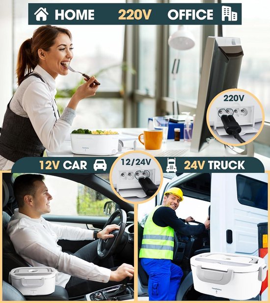 Elektrische Lunchbox Voedselverwarmer 3 in 1 80W - Draagbare Voedselwarmer voor Auto Truck Thuis Werk - 12V+24V+220V - 15L Verwijderbare Roestvrijstalen Container Portable Lunch Bag van STREND PRO — afbeelding 2
