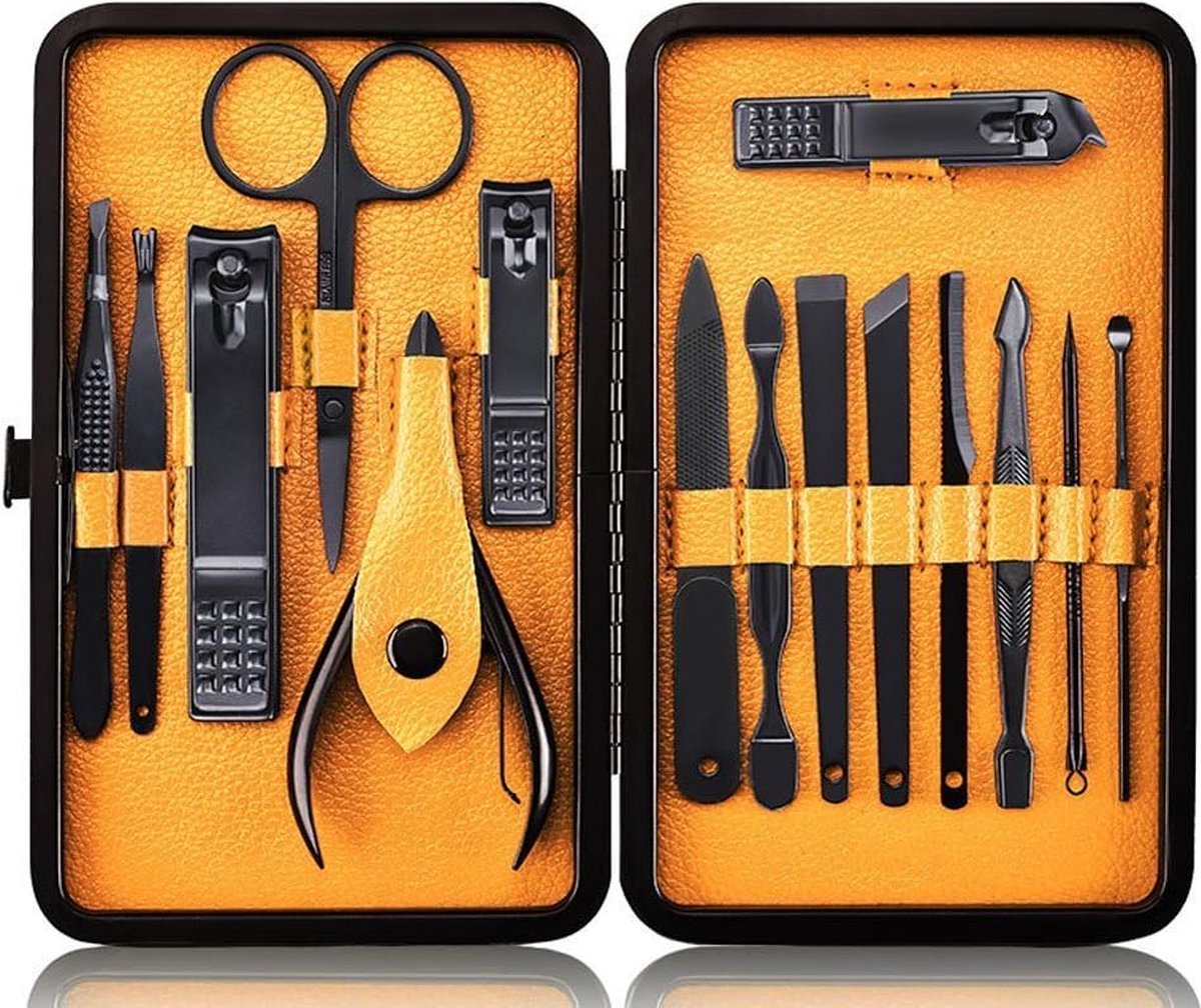Goedkoopste Manicureset Nagelset Nagelknipper set Professioneel - Roestvrijstalen pedicureset Nagelverzorgingsset van 15 stuks met koffer voor reizen (zwart/geel