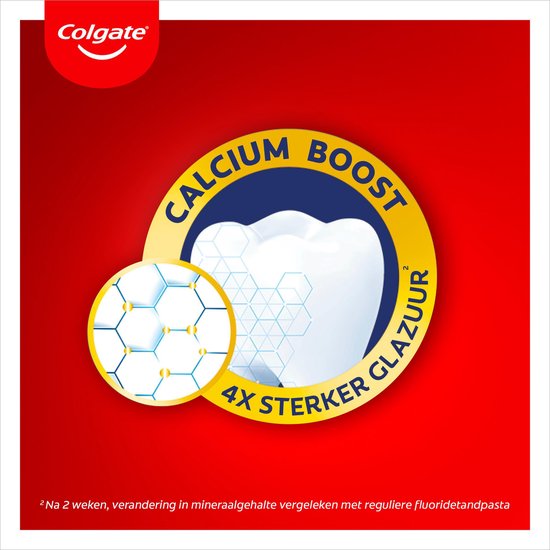 Witte tand met "Calcium Boost" en "4x sterker glazuur" tekst.