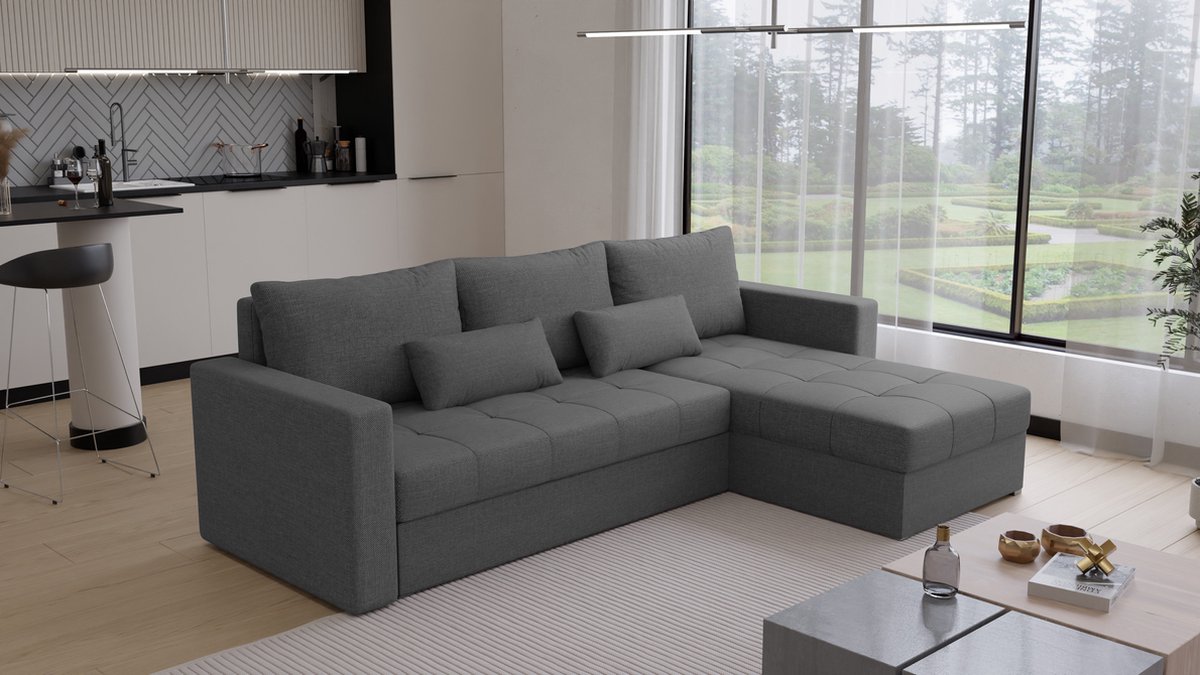 Hoekbank Kreta - Universeel - Stof - Antraciet - Slaapbank met opbergruimte - Links of Rechts - Direct Leverbaar - Hoekzetel - Chaise longue - Zetel met slaapgedeelte - 3 zits - Zitcomfort stevig