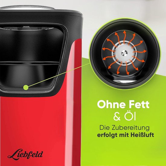 YASHE Popcornmachine, 1200 W, hetelucht-popcornmaker, elektrische popcornmachines, one-touch-bediening, 2 minuten, gezond zonder vet en olie, rood