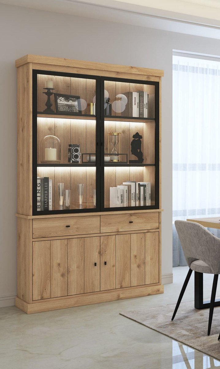 FAVORIE - Balencia lichte eik- vitrinekast 2 deuren 124cm met Led verlichting